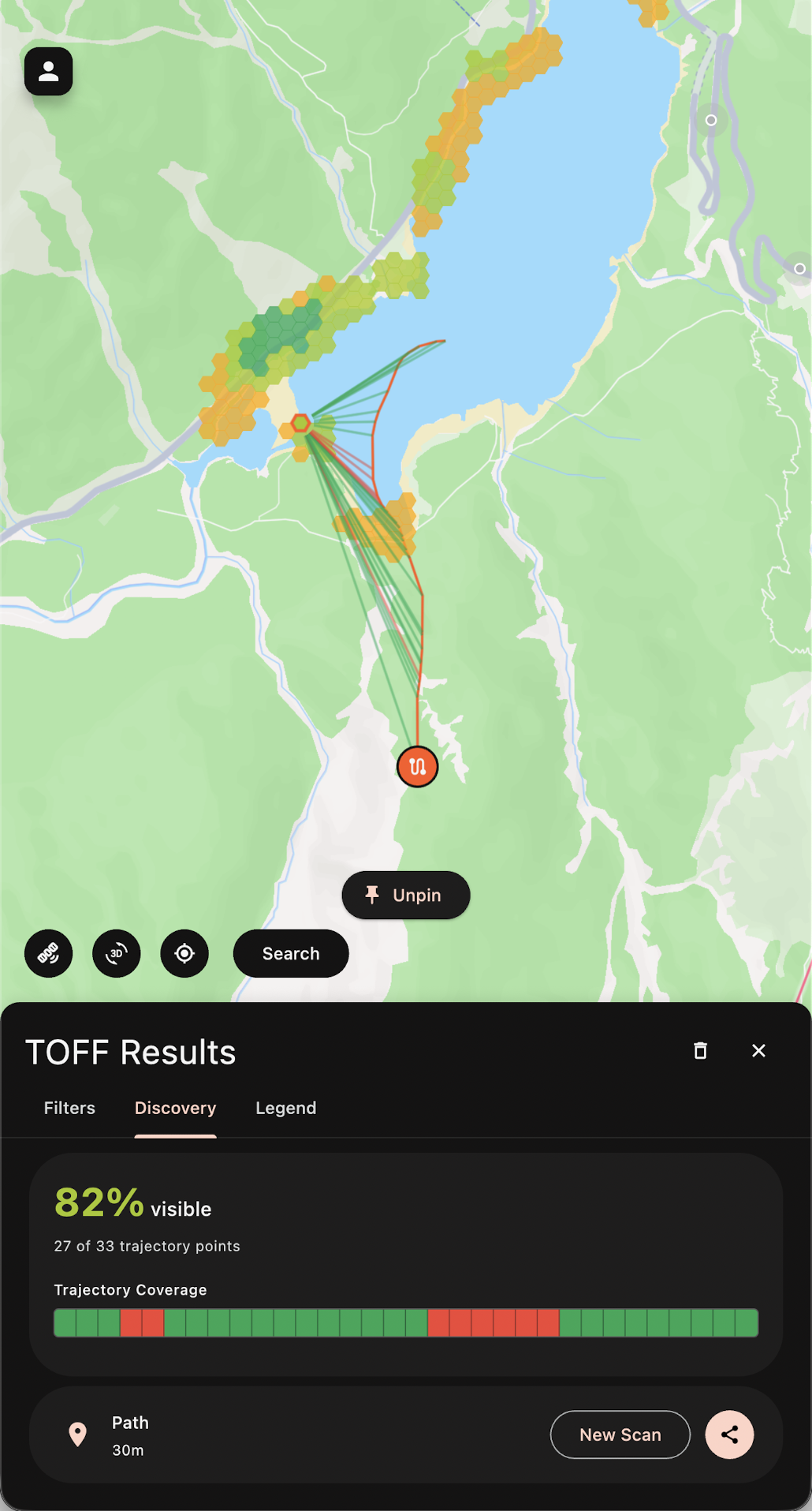 Wbando TOFF Results — trajectory coverage showing 82% of flight path visible across terrain