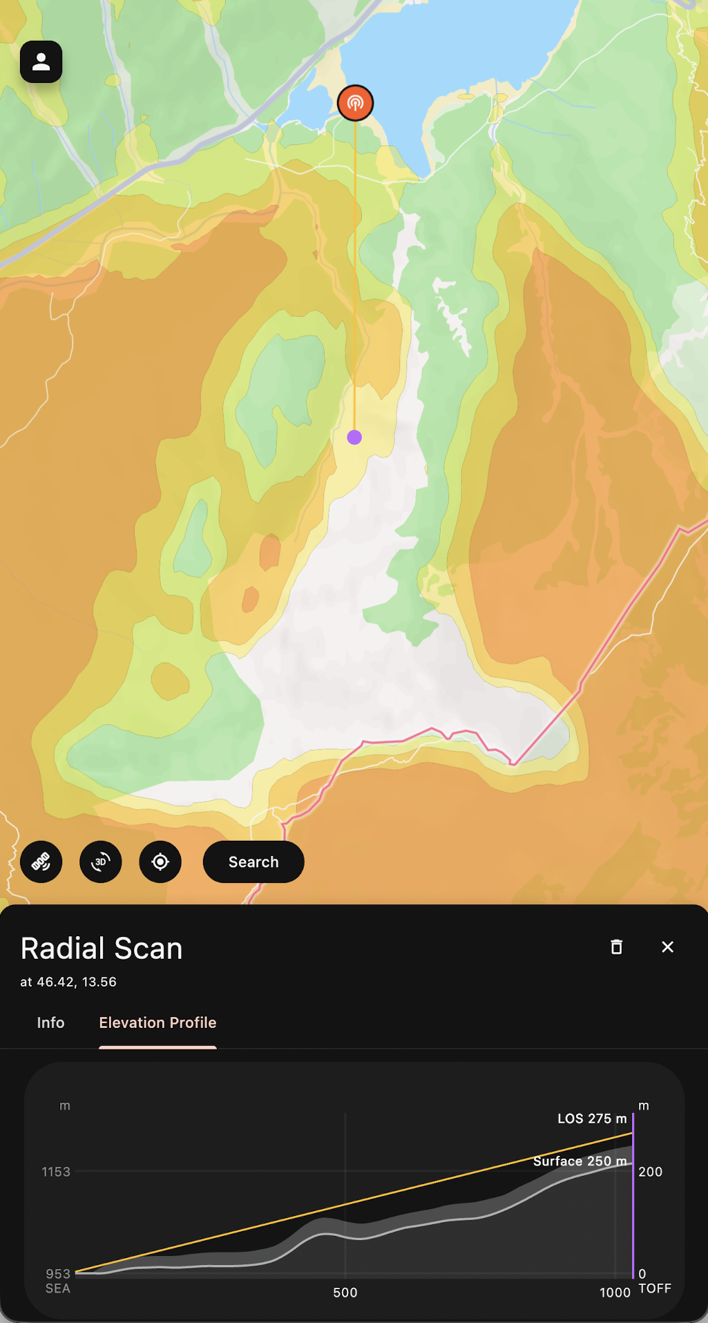 Wbando Radial Scan — line-of-sight elevation profile over mountain terrain, showing LOS 275m above surface